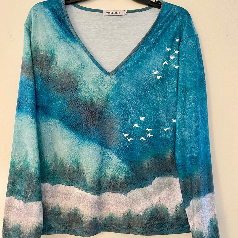 Misslook Turquoise Top Size S Long Sleeves